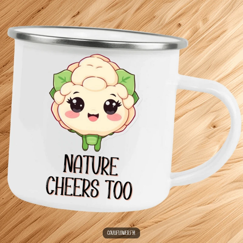 Funny camping mug with a big-eyed cauliflower character cheering heartily, designed for enthusiastic outdoor experiences and humor.