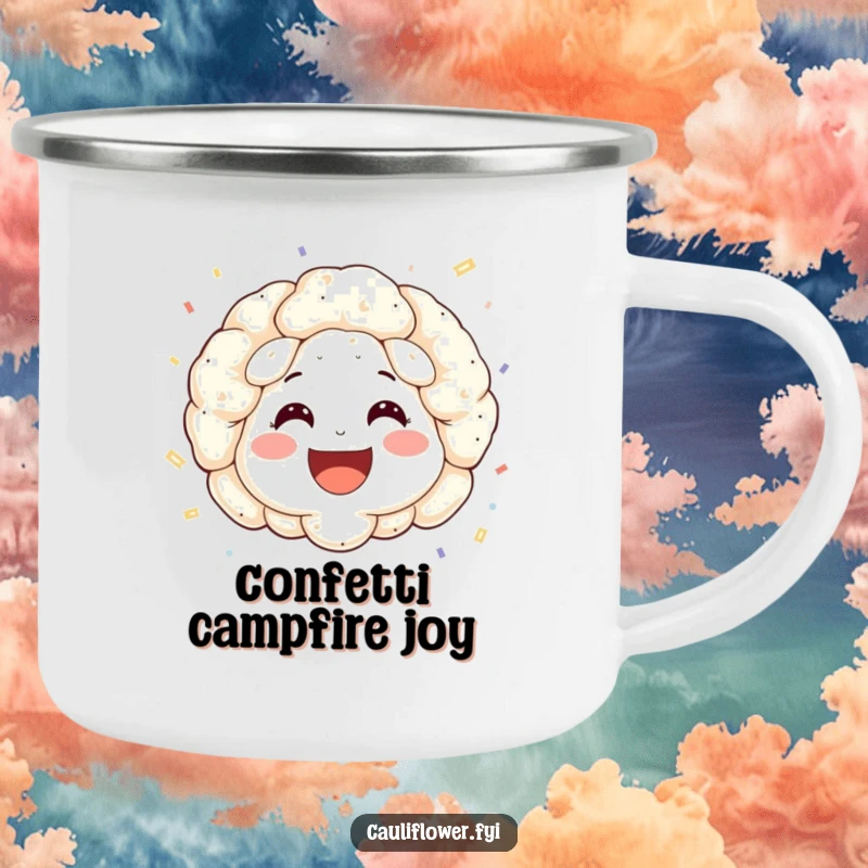 Funny camping mug of a happy cauliflower face with rosy cheeks, throwing confetti, perfect for outdoor celebrations.