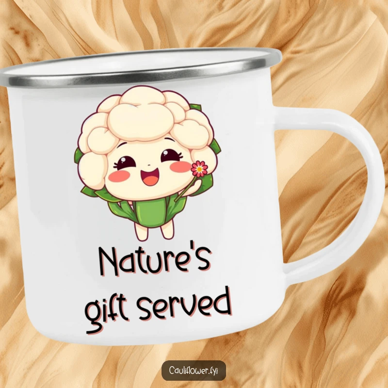 Funny camping mug featuring a delighted cauliflower character offering a tiny, sparkling flower with a sweet expression.