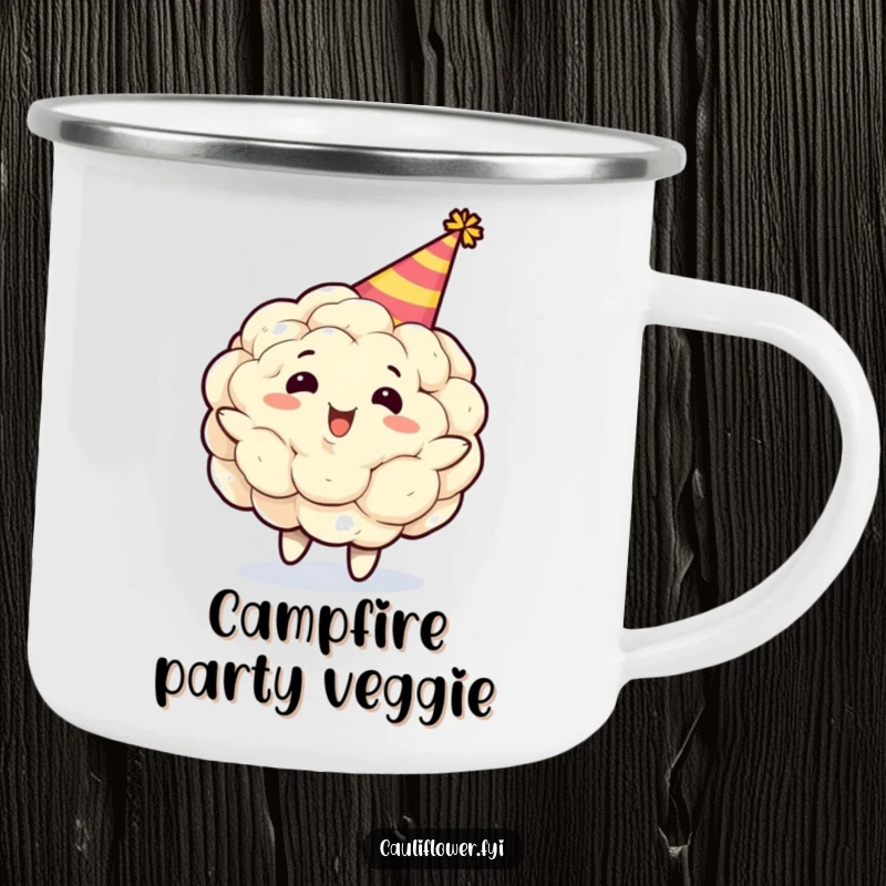 Funny cauliflower character wearing a party hat, spinning gleefully on a sturdy camping mug, perfect for enjoying beverages during outdoor adventures with a laugh.