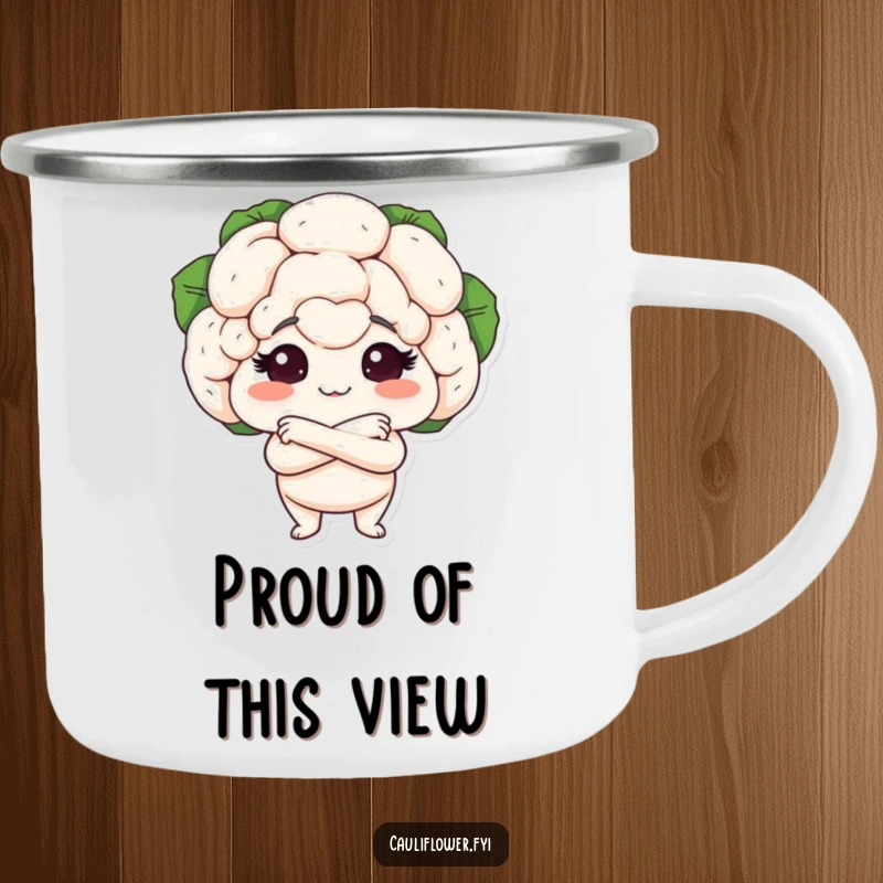 Funny camping mug with a cauliflower head and arms crossed proudly, designed for confident outdoor enjoyment and humor.