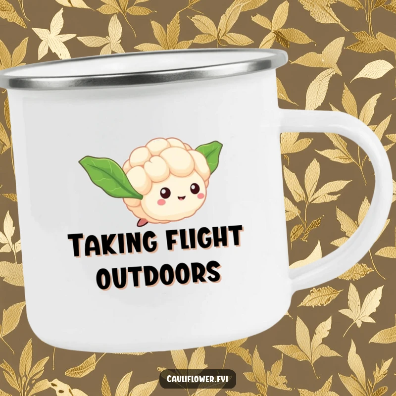Funny Cauliflower Floret Camping Mug shows a tiny veggie with leaf wings, humorously taking flight on outdoor adventures.
