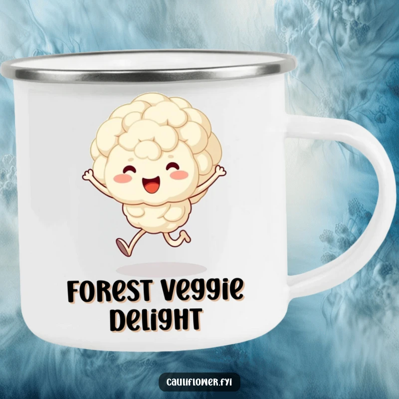 Funny camping mug with a fluffy, kawaii cauliflower character doing a happy skip, ready for outdoor cheer.