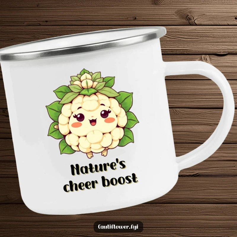 Funny happy Kawaii cauliflower cheering with a leafy pom-pom, a rugged and humorous camping mug.