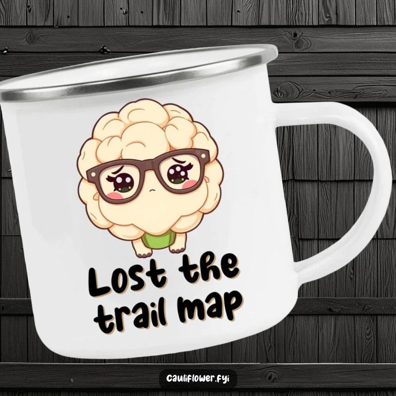 Funny kawaii cauliflower wearing oversized glasses and looking confused on a camping mug.