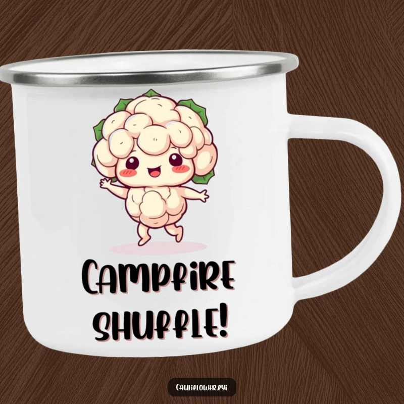 Funny Kawaii cauliflower doing a silly shuffle dance, a rugged and humorous camping mug.