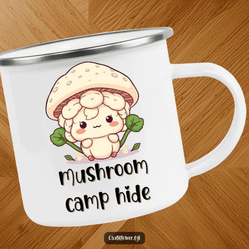 Funny Kawaii cauliflower hiding behind a giant mushroom cap, a rugged and humorous camping mug.