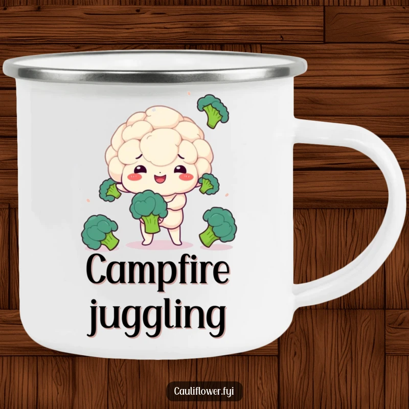 Funny camping mug with a kawaii cauliflower juggling broccoli florets, perfect for outdoor adventures.