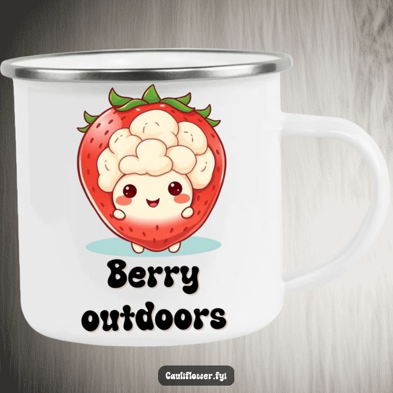 Funny Kawaii Cauliflower Camping Mug: An enamel mug with a cauliflower peeking from behind a large smiling strawberry, perfect for humorous outdoor moments.