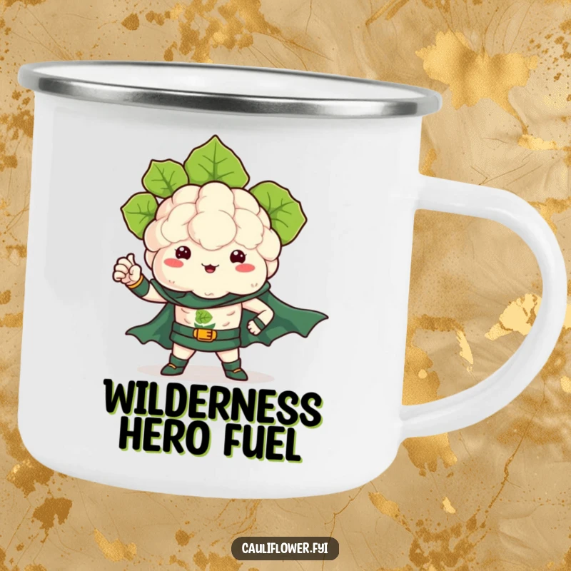 Funny camping mug with a kawaii cauliflower as a superhero, flexing a leafy arm in an outdoor setting.