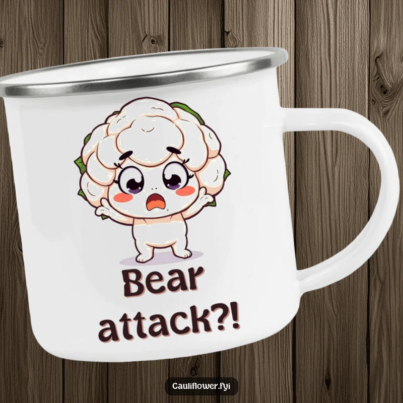 Funny Camping Mug with a kawaii cauliflower character in a dramatic, surprised pose with wide eyes, perfect for outdoor amusement.