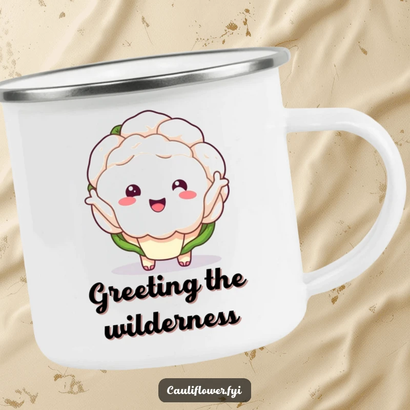 Funny kawaii cauliflower with tiny arms waving enthusiastically on a camping mug.