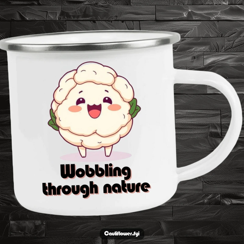 Funny Kawaii Cauliflower Camping Mug - A cute cartoon cauliflower wobbling humorously, ideal for funny outdoor drinkware.
