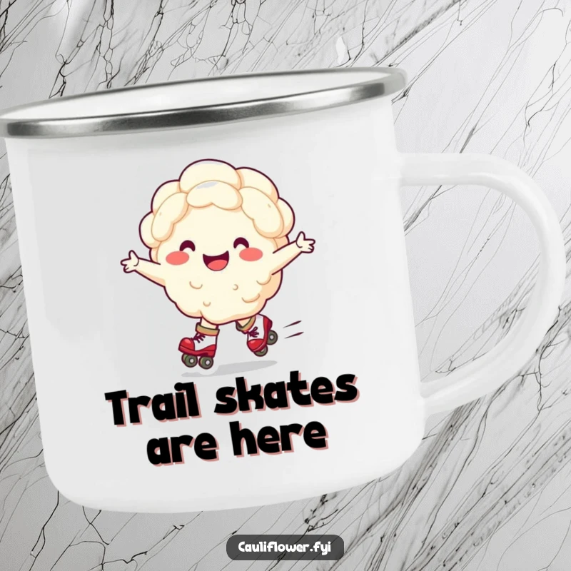 Funny camping mug featuring a happy cauliflower character roller skating, perfect for adventuring and sharing smiles outdoors.