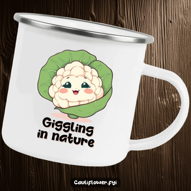 Funny Cauliflower Camping Mug showing a shy veggie peeking from behind a leaf, giggling, perfect for outdoor fun.