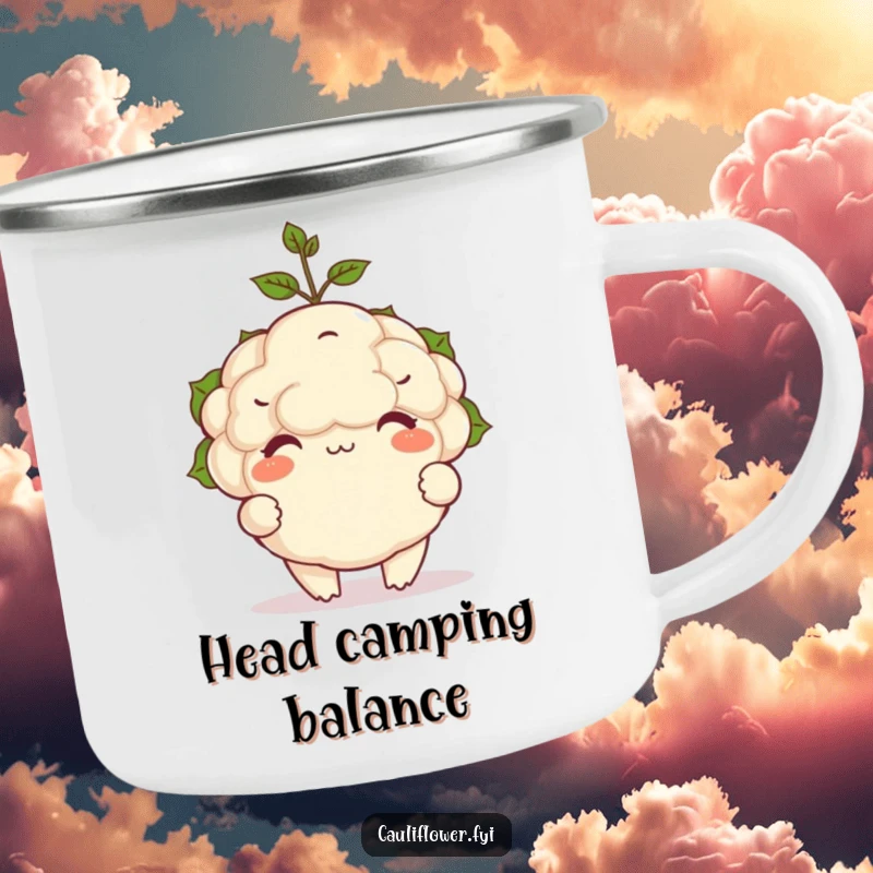 Funny camping mug of a happy cauliflower balancing a tiny sprout on its head, perfect for outdoor humor.