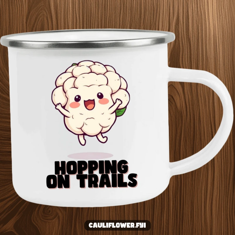 Funny kawaii cauliflower camping mug showing a joyful hop with a bounce, humorous outdoor drinkware.