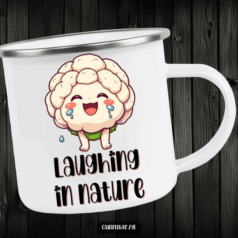 Funny enamel camping mug of a kawaii cauliflower character laughing heartily, tears of joy streaming down, for outdoor amusement.
