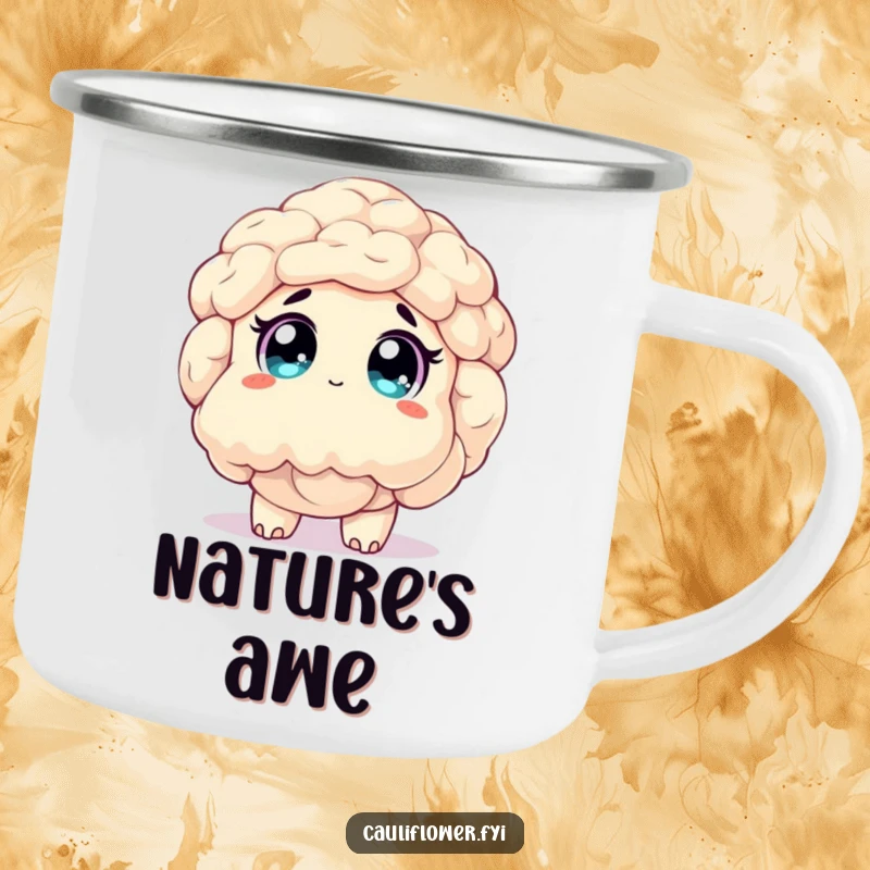 Funny camping mug of a happy cauliflower character looking up with wide, sparkling eyes, full of wonder in nature.