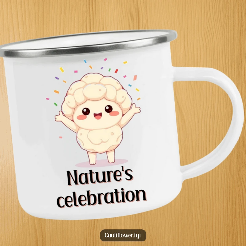 Funny Kawaii cauliflower camping mug featuring a happy veggie spinning confetti, perfect for enjoying drinks outdoors with cheer.