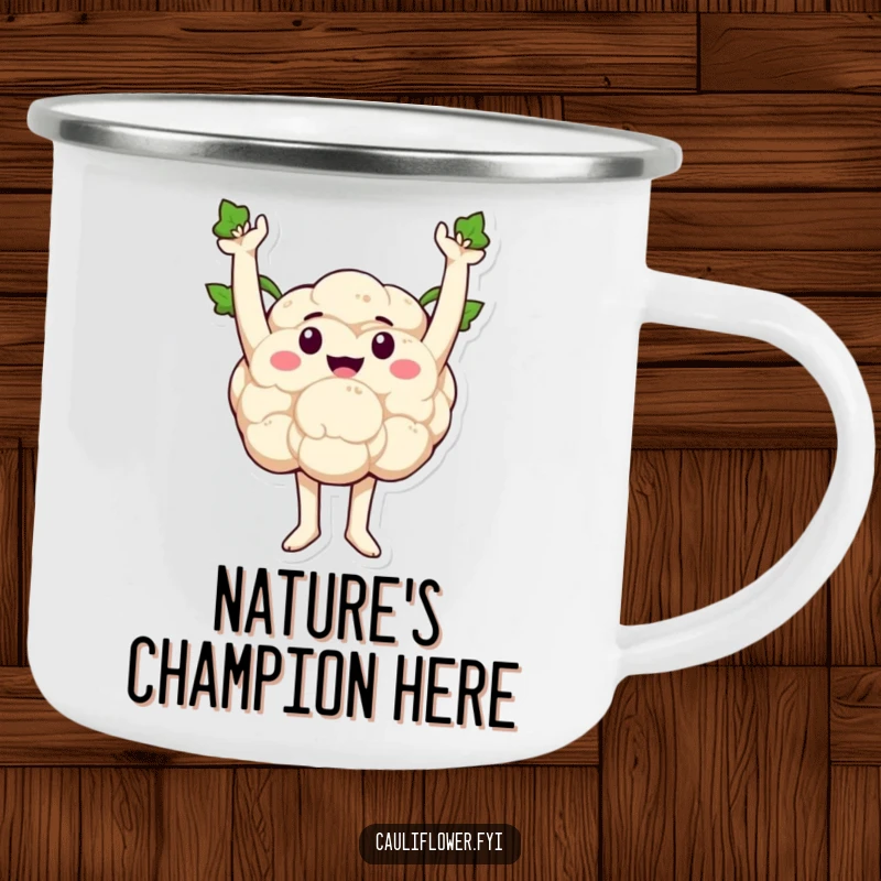 Funny cauliflower with sprout arms raised triumphantly, perfect for outdoor celebrations and coffee sips.