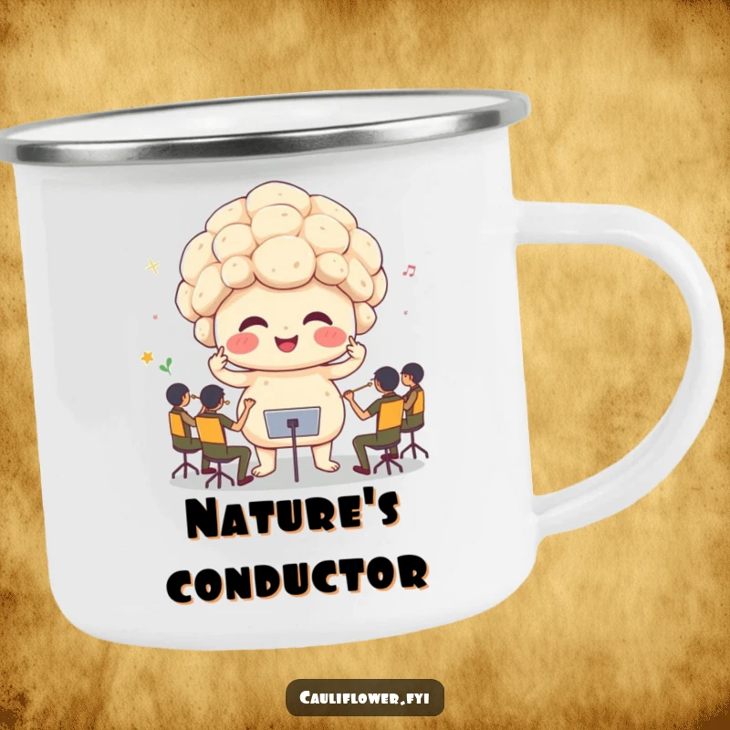 Funny cauliflower leading a tiny orchestra, a rugged camping mug for outdoor enthusiasts who love humor.