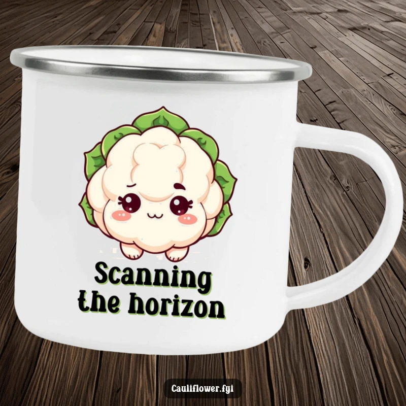 Funny kawaii cauliflower camping mug with sparkling eyes and a raised eyebrow, humorous outdoor drinkware.