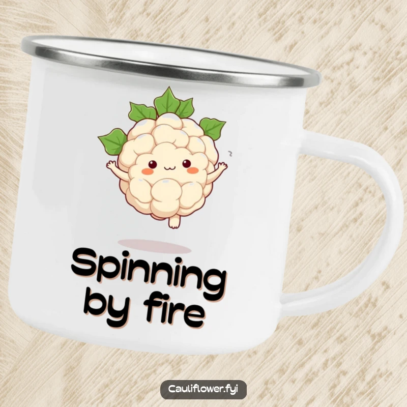 Funny camping mug of a kawaii cauliflower performing a comical pirouette with swirling leaves, perfect for cute outdoor fun.