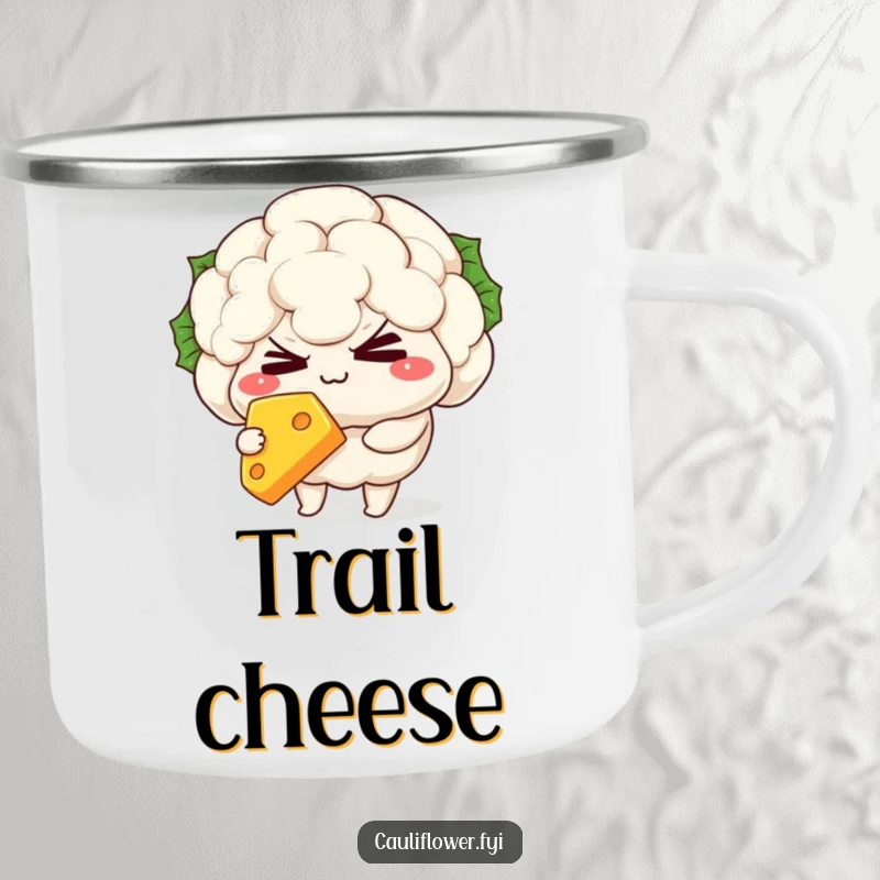 Funny Camping Mug with a mischievous kawaii cauliflower character winking while holding a slice of cheese, ready for outdoor enjoyment.