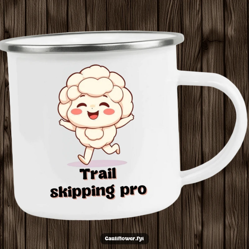 Funny Kawaii cauliflower camping mug features a giggling veggie with rosy cheeks happily skipping, perfect for outdoor enjoyment.