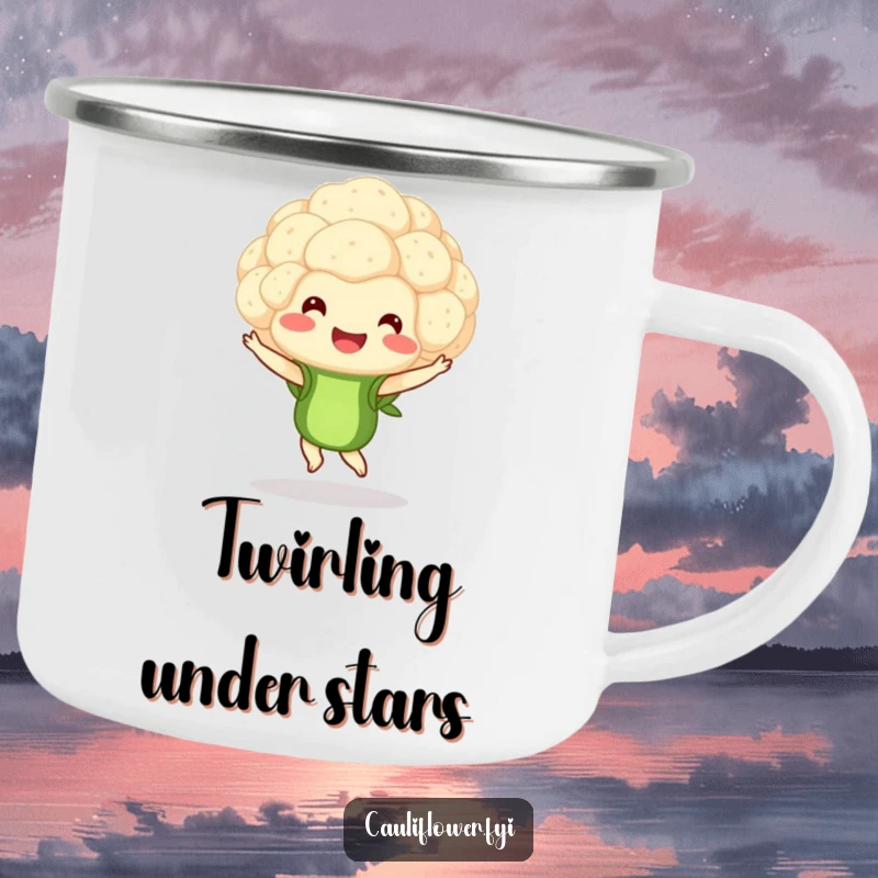Funny camping mug with a smiling cauliflower floret performing a pirouette, designed for elegant outdoor enjoyment and humor.