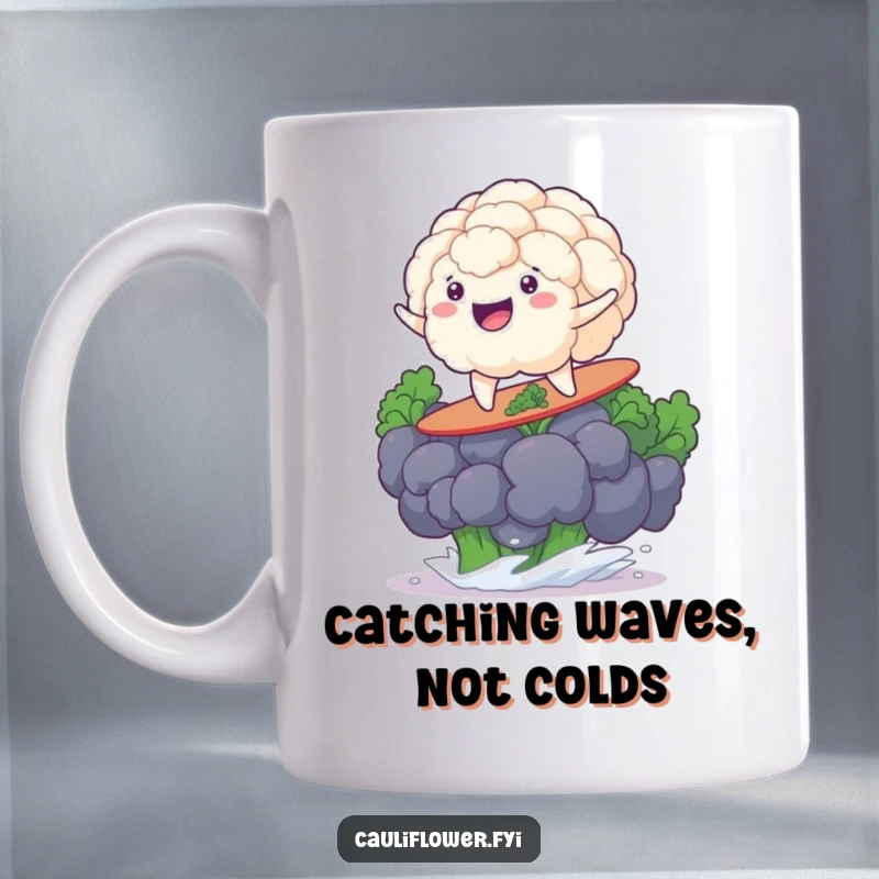 Funny cauliflower grinning while surfing on a giant broccoli floret, embodying a fun, adventurous spirit.