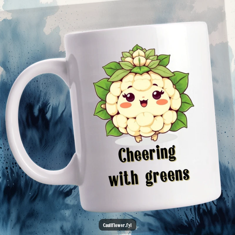 Funny happy Kawaii cauliflower cheering with a green leafy pom-pom, full of spirit, a humorous mug.