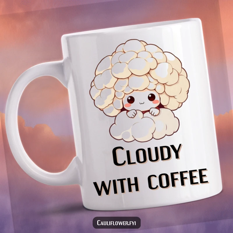 Funny mug showing a cauliflower character curiously peeking from behind a large, soft, fluffy cloud, adding a touch of whimsy.
