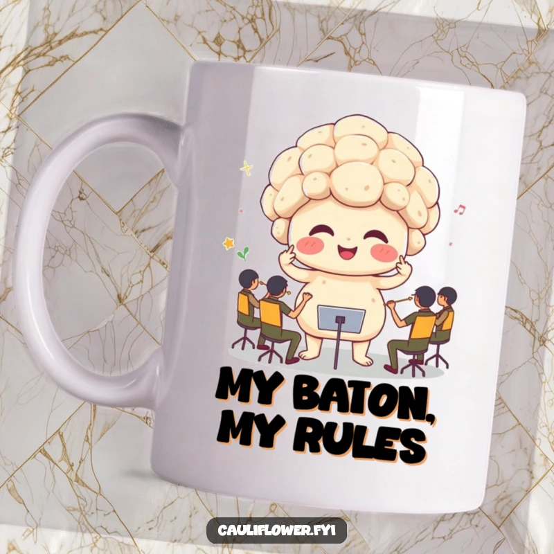 Funny cauliflower head with sprout arms conducting a tiny orchestra with intense focus and glee on a mug.
