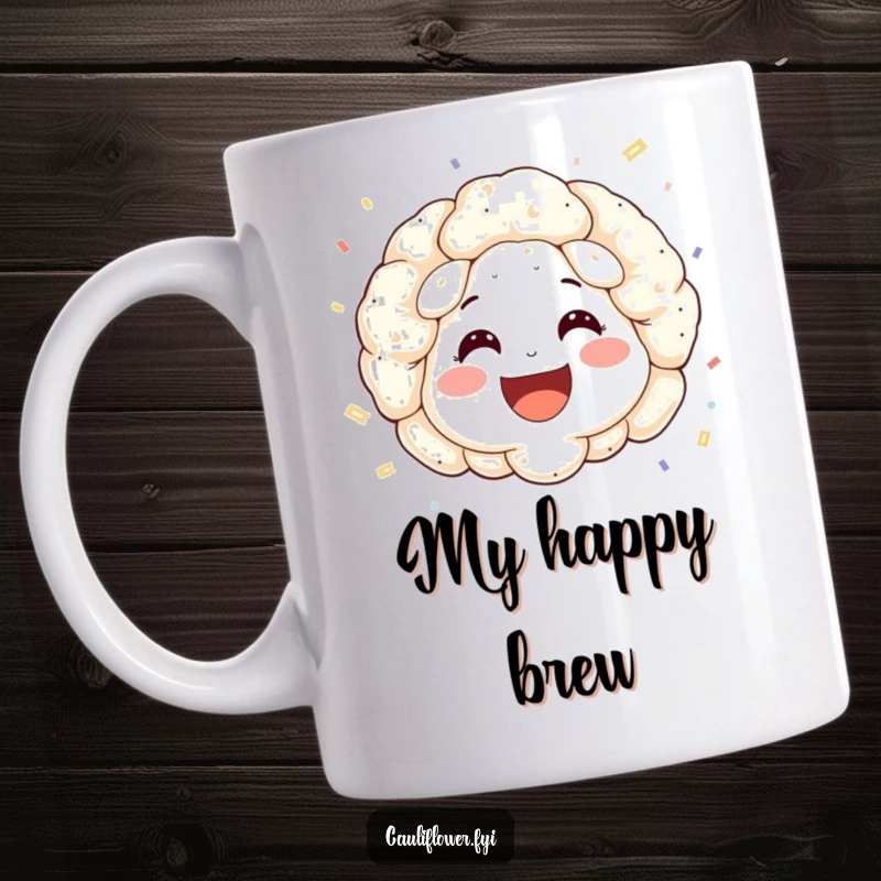 Funny mug of a cauliflower face with rosy cheeks and a wide smile, joyfully throwing colorful confetti.