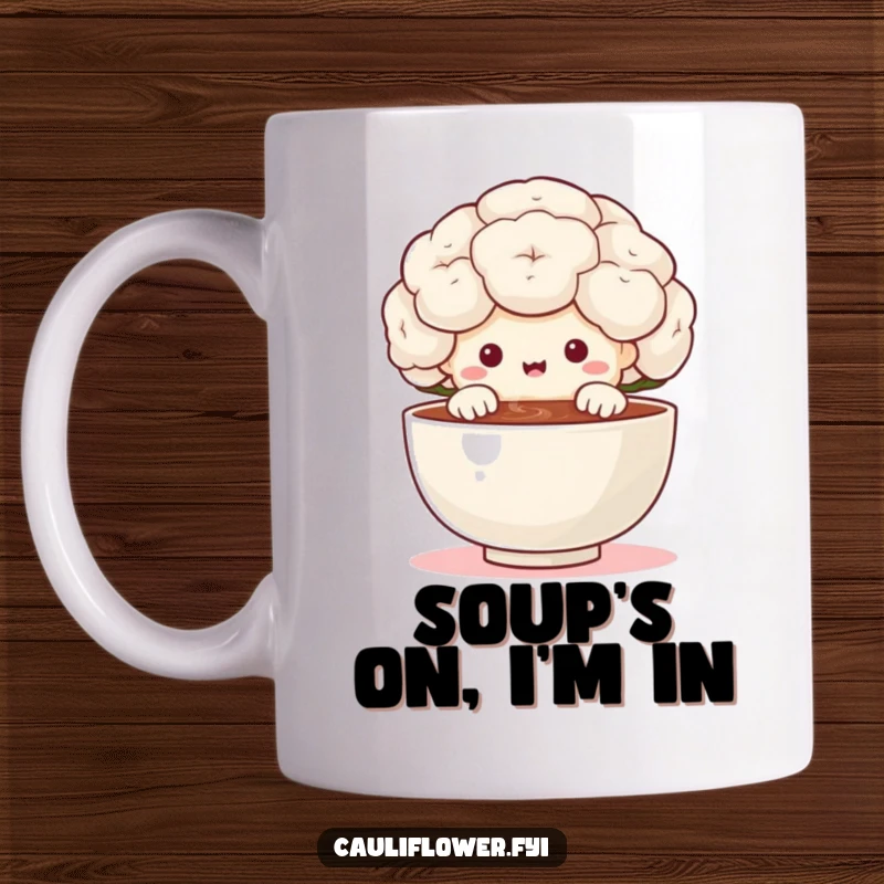 Funny cauliflower character peeking over a tiny steaming bowl with utter delight and anticipation on a mug, showcasing a love for tasty treats.