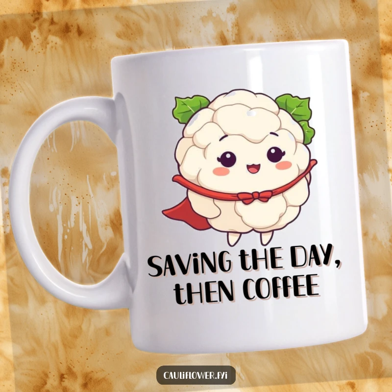 Funny mug with a cauliflower wearing a flowing cape, striking a heroic pose as if flying, full of pretend bravery.