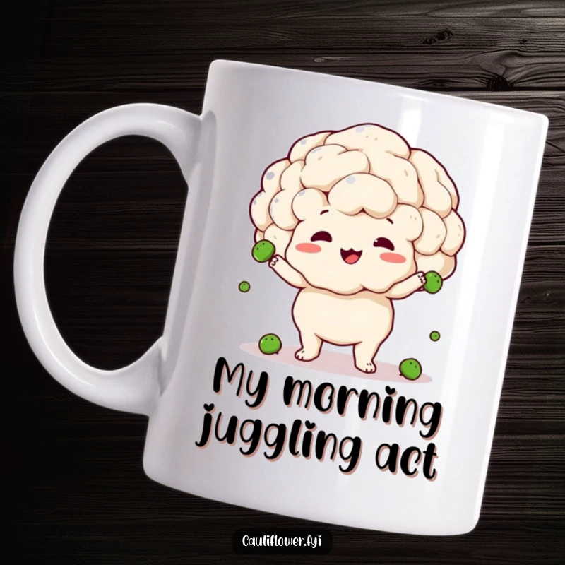 Funny mug showing a cauliflower struggling but happily juggling small peas, with a look of clumsy concentration and delight.