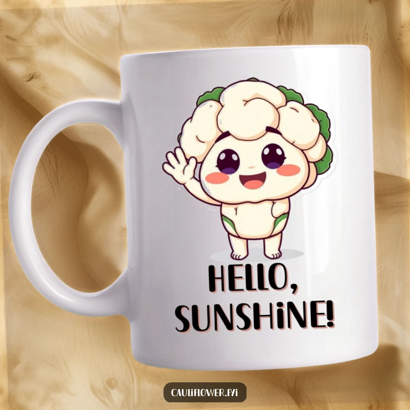 Funny mug featuring a cauliflower character with big, happy eyes performing a silly wave, exuding friendly and humorous charm.