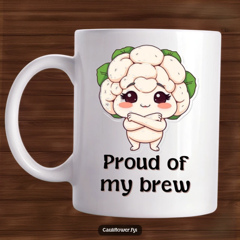 Funny mug featuring a cauliflower head with small arms crossed, looking exceptionally proud and self-assured, radiating smug charm.