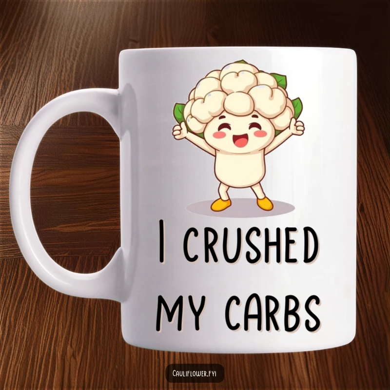 Funny cauliflower character celebrates winning a vegetable race with a triumphant pose, looking victorious and proud on a mug.