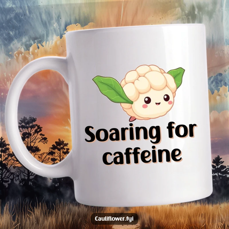 Funny Cauliflower Floret Mug shows a tiny veggie attempting to fly with charming leaf wings, embodying aspiration and humor.