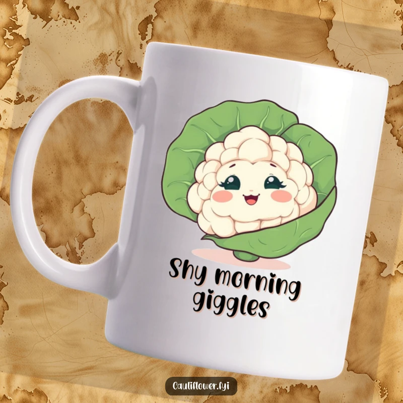Funny Cauliflower Mug showing a shy veggie peeking from behind a leaf, captured mid-giggle, full of playful mischief.