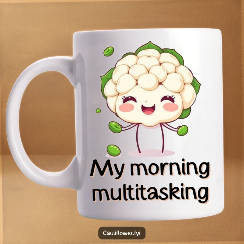 Funny Cauliflower Mug showing a happy veggie head expertly juggling small peas, showcasing talent and cheerful humor.