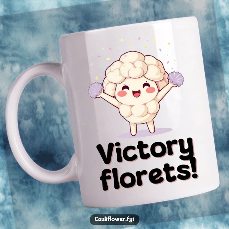 Funny Mug with a Kawaii cauliflower character cheering enthusiastically with tiny pom-poms and confetti, spreading sparkly joy.