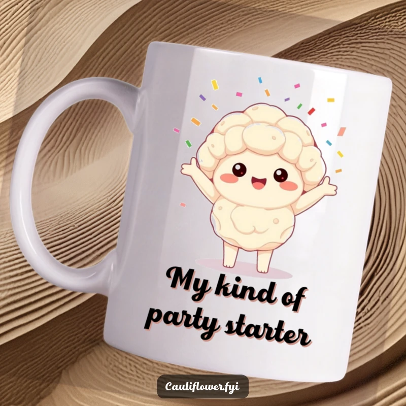 Funny Kawaii cauliflower mug with arms wide, joyfully spinning colorful confetti, a symbol of celebration and happiness.