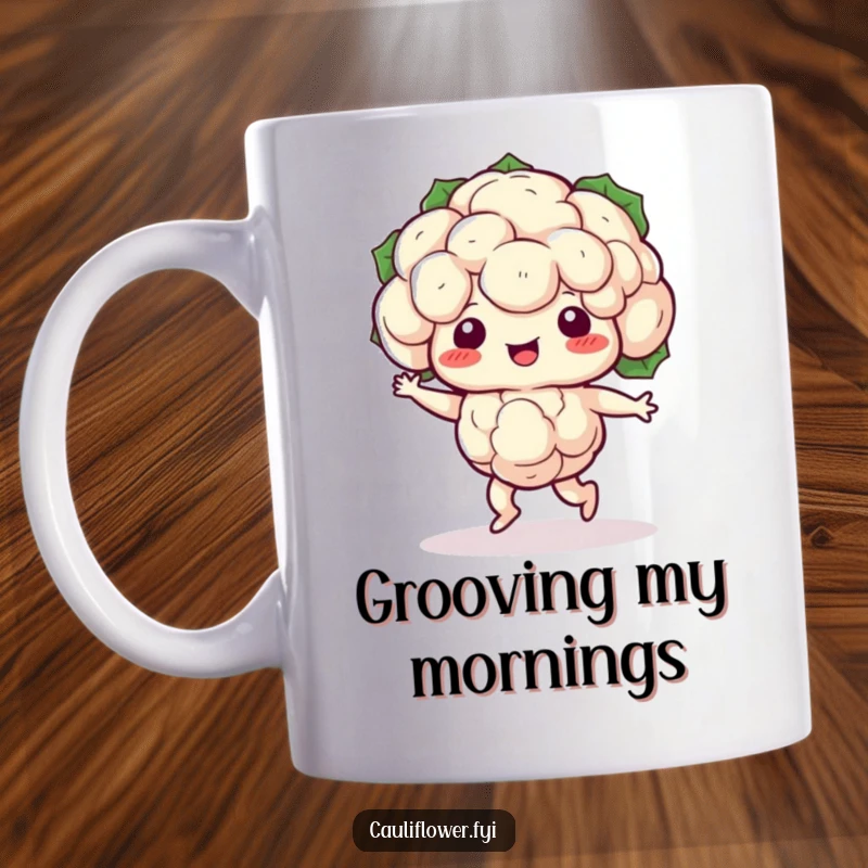 Funny Kawaii cauliflower doing a silly shuffle dance, full of energy, a humorous mug for dancers.
