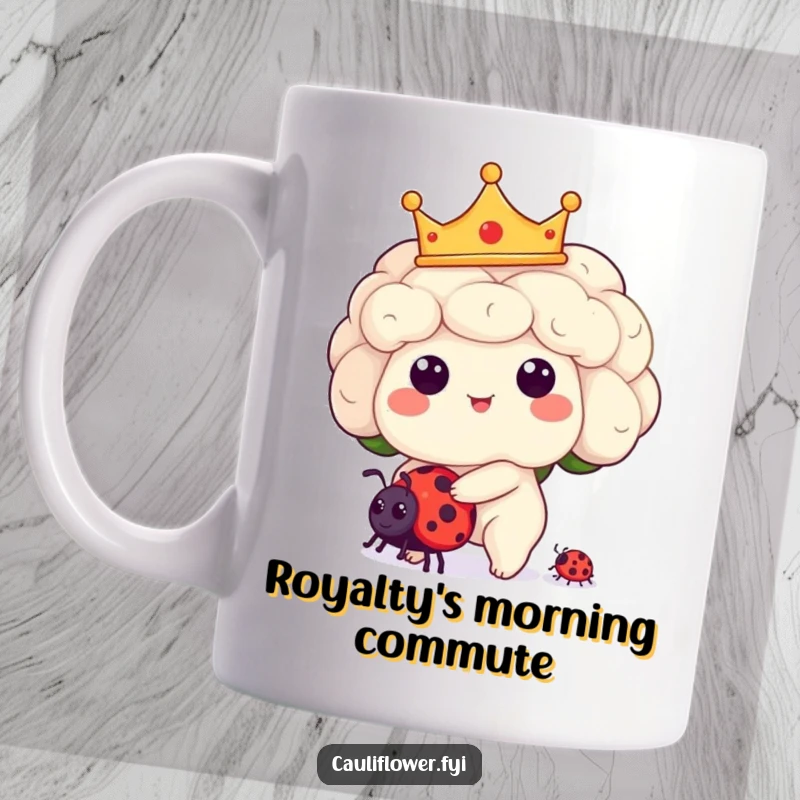 Funny Kawaii cauliflower character wearing a golden crown, majestically riding a tiny ladybug on a whimsical mug.