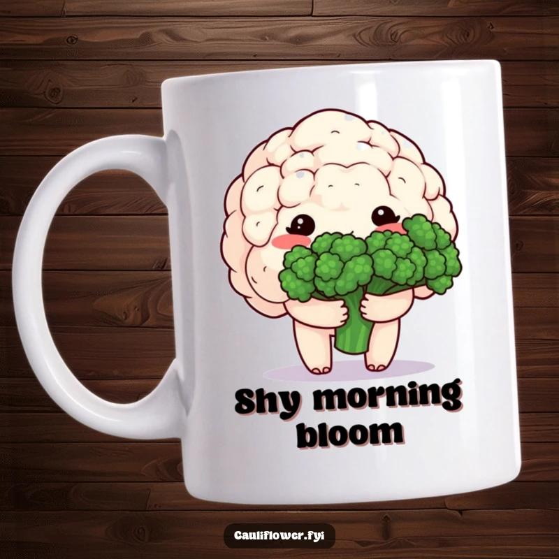 Funny mug depicting a shy, blushing kawaii cauliflower character sweetly holding a small bouquet of vibrant broccoli florets, radiating bashful charm.